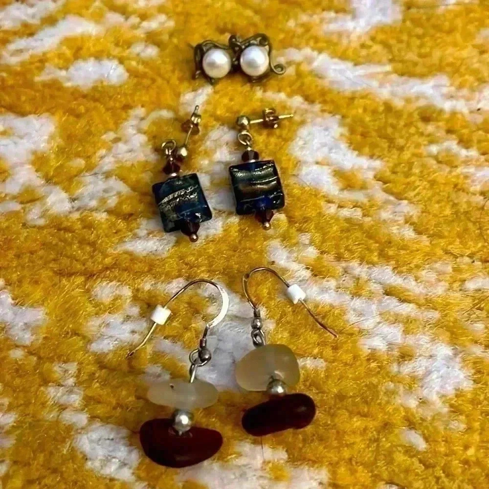 Bundle of three pair handcrafted earrings freshwater pearl and fused glass NWOT